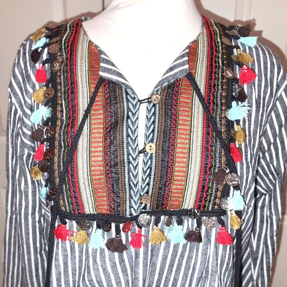 Velzera Gray Stripe Embroidered Boho Middle Eastern Tassel Tunic Dress Plus 1X